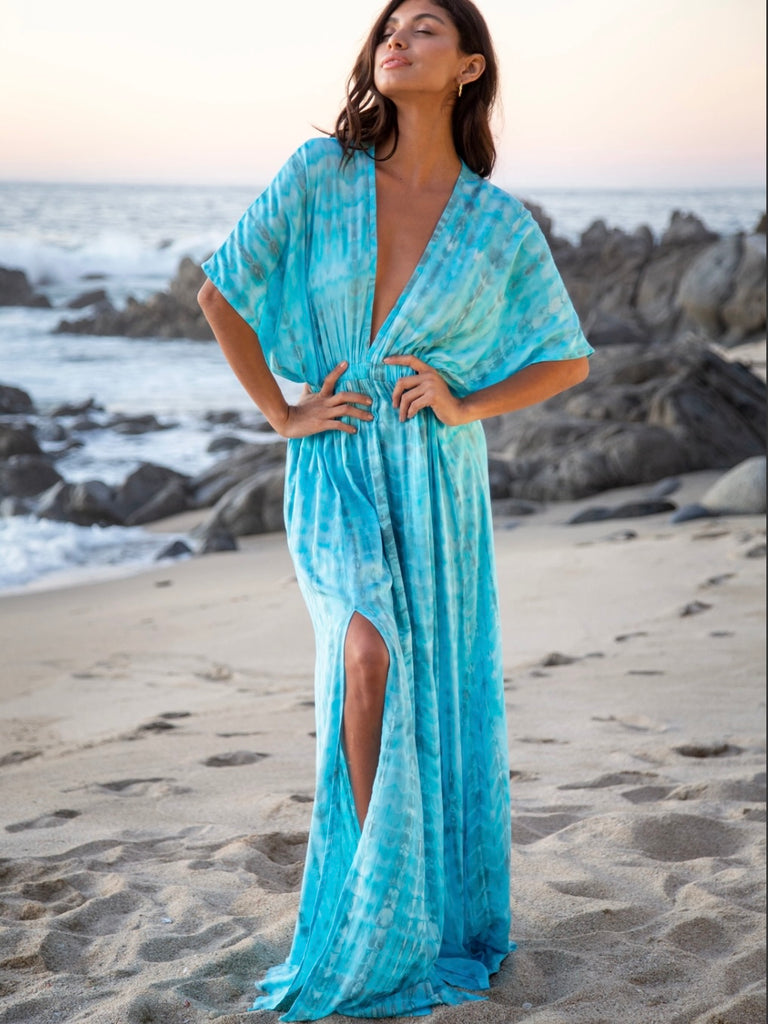  Elevate your look in this Soft Rayon Voile,  Watercolour Kimono Dress with its Plunging Neckline and and Maxi - Length with slits for  unrestricted movement .
