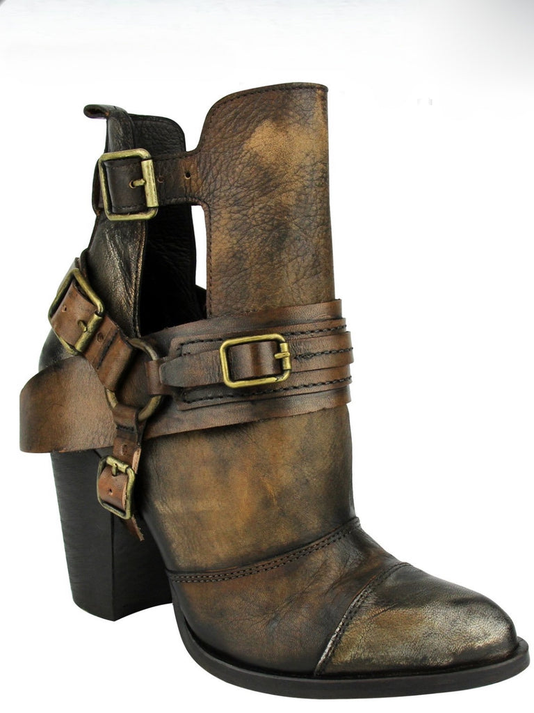 Tan Naughty Monkey Boots with  Metallic Heel and Toe Accents, and a side buckle for easy slip on .