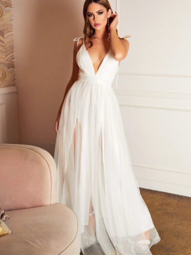 Timeless Off White  Alexis Dress with Tie Straps and deep  plunging neckline , with its beautiful Tule bottom and side slit.