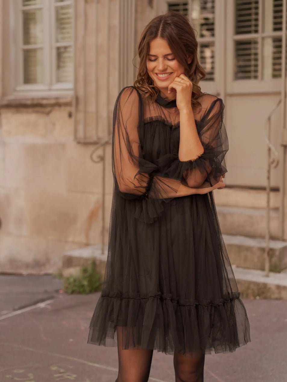 トップス NOTRE emor_tulle mini dress Theodora Tulle Mini Dress in Black