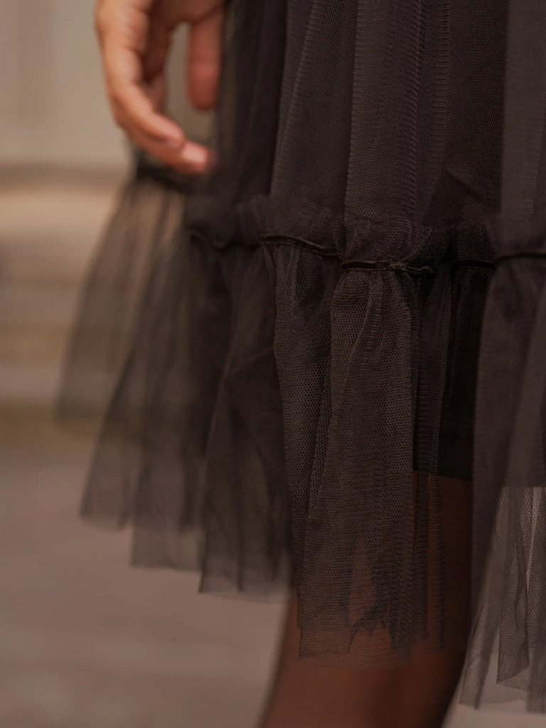  Black Bardot Mini dress with Tulle Skirt .