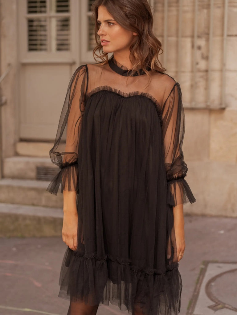 Chic and Luxurious Flared Cut Black Tulle Mini -Dress 