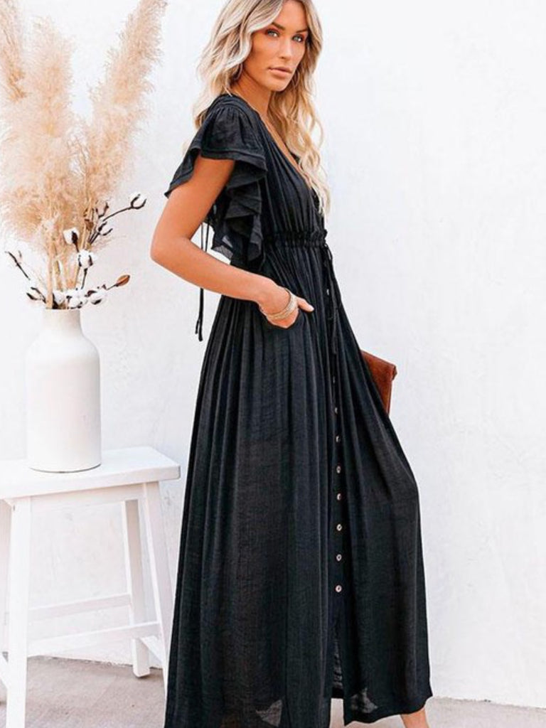 Statement Making Maxi-Dress in Black with Button Front Detail and Ruffled  Sleeves with a girls best friend (pockets.)