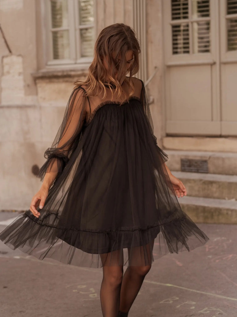  Glam up with the Flared Cut Bardot Tulle Mini Dress. 