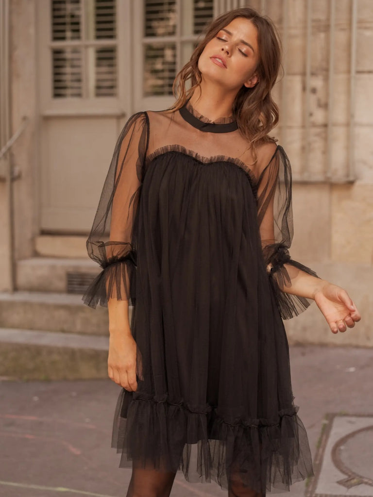 The Bardot Luxe Tulle Fabric Dress in classic Black ,timeless and versatile  with a  Flared Cut  and Three -Quarter Length Sleeve.