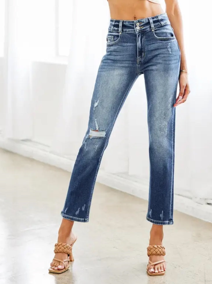 Straight Leg, Zipper Button combo distressed  Jeans.