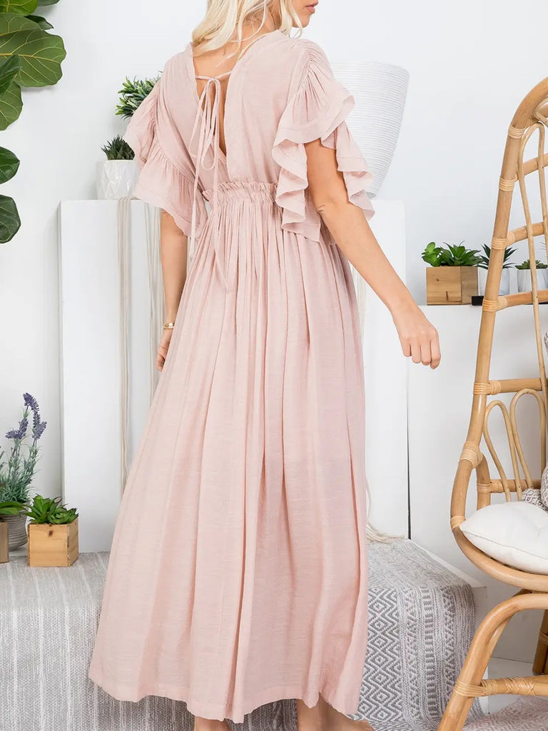 Fun Flirty Blush Coloured Maxi- Dress with Back Tie and Empire waist.