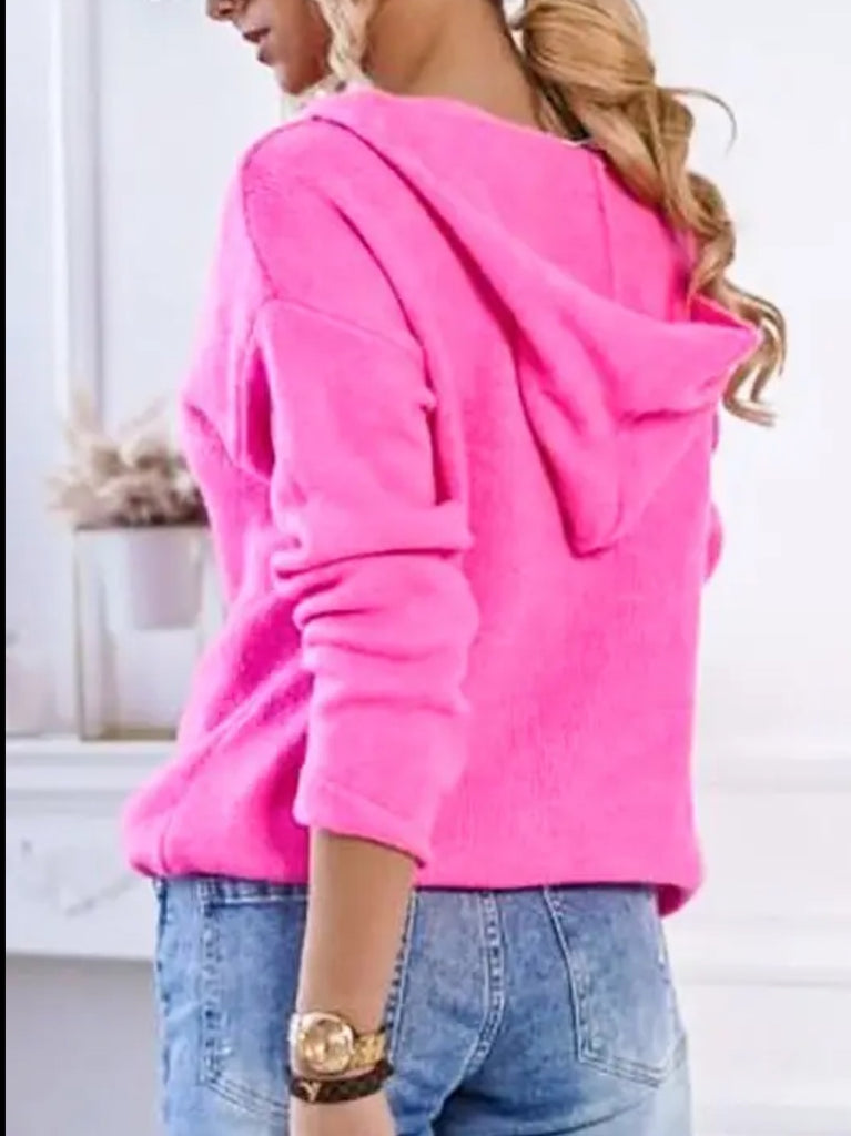 Cute Blakely  Fuchsia Pink Sweater with Hood detail, soft and cozy. 