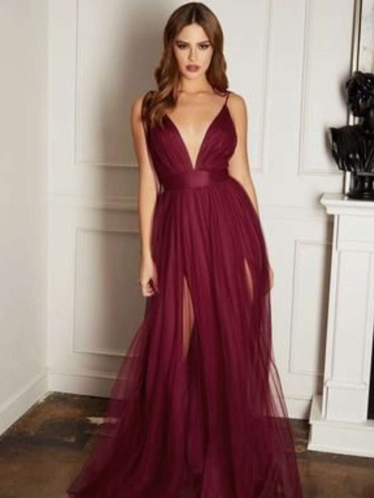  Elegant Burgundy Dress with deep v-neck and tule skirt to add a touch of whimsy. 