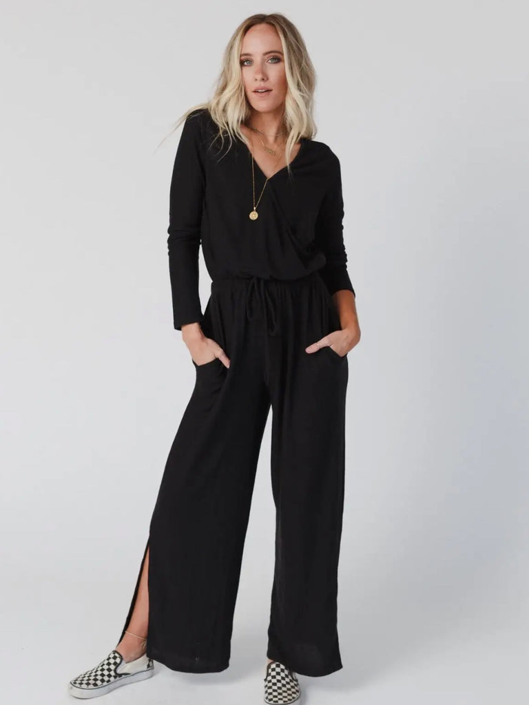  As It Was Flattering Cross V-Neckline Stretchy lightweight Drawstring Jumpsuit ,with Wide Legs and Side Slit .