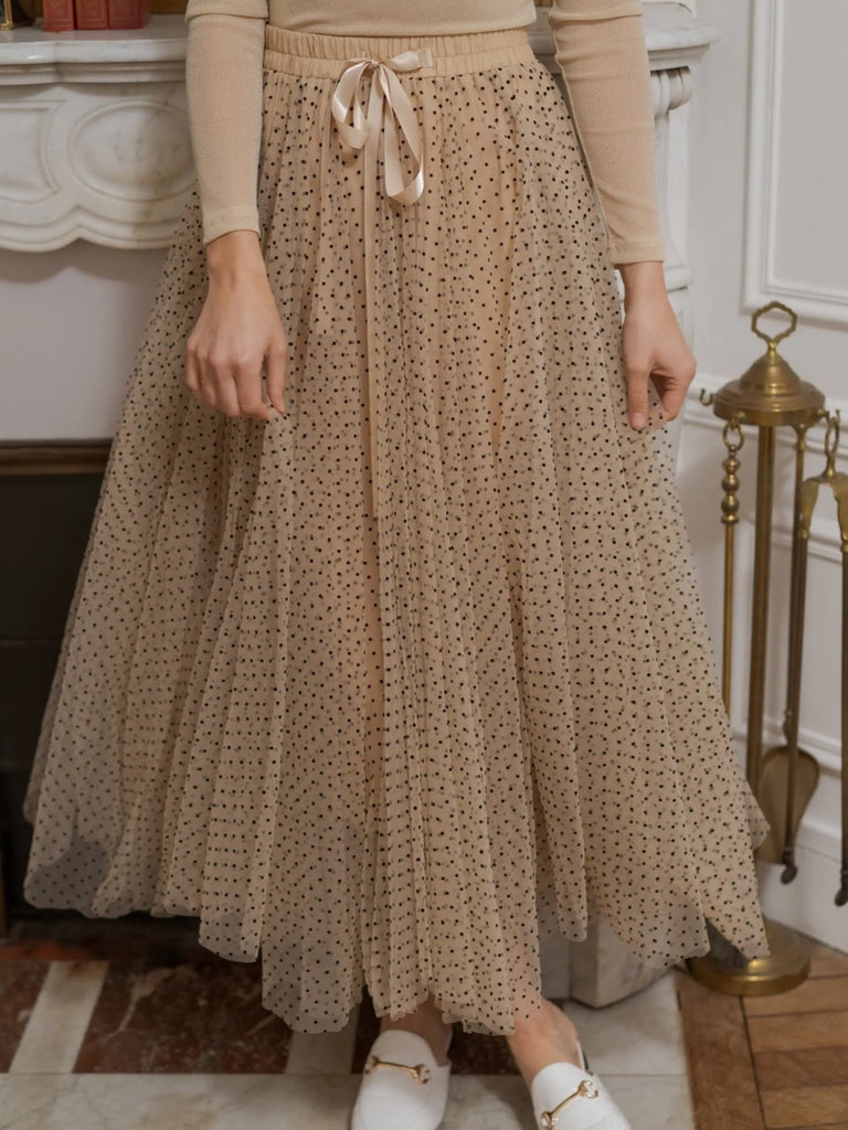 Get your Twirl on with this Nude colour and  Black Dots Maxi - Length Tulle Skirt with Elastic waist band and cute little tie.
