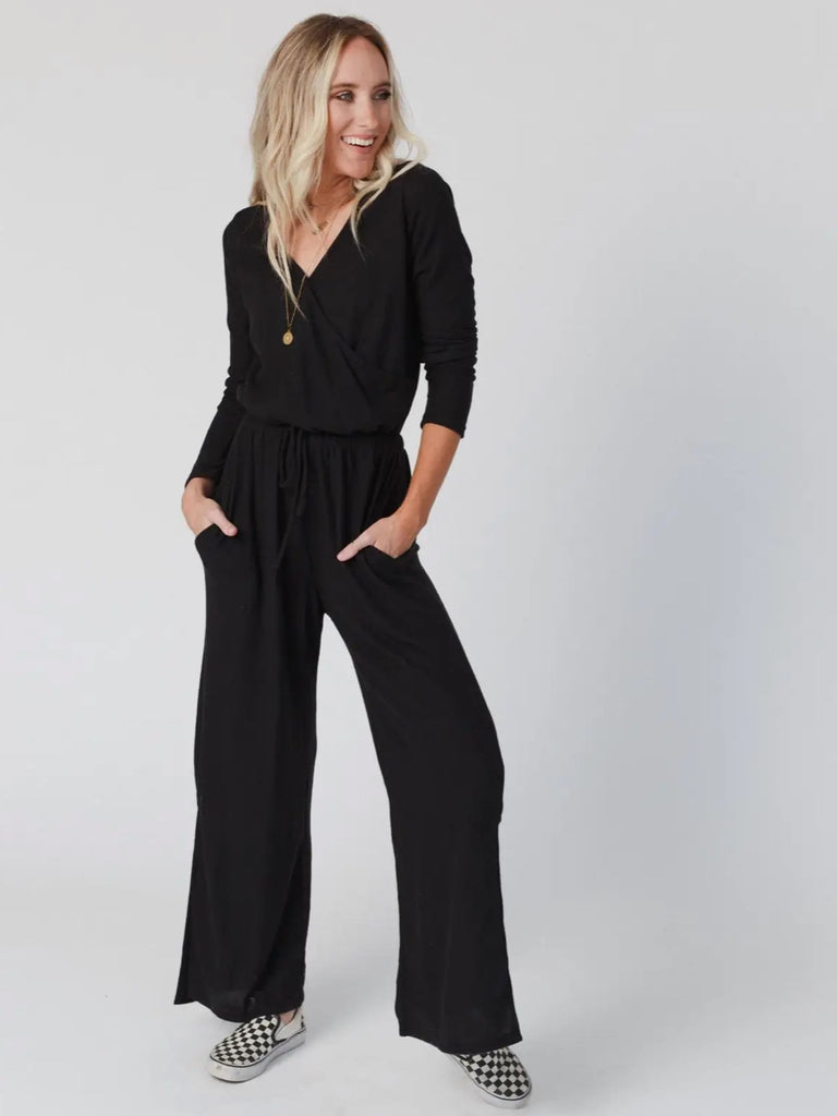 Comfy Cross Front Jumpsuit, Elastic drawstring waistline with  Flowy Wide Legs. 