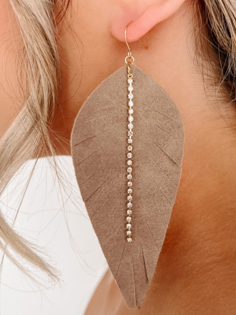 5" Beige Tail feather earrings featuring rhinestone detail