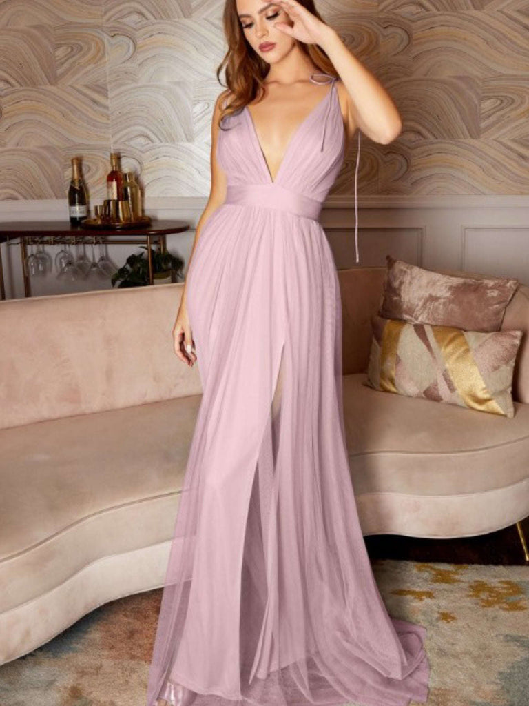 Pink Elegant Contemporary V Neckline dress to show off that jewellery . Bold side leg slits  add a touch of playfulness. 