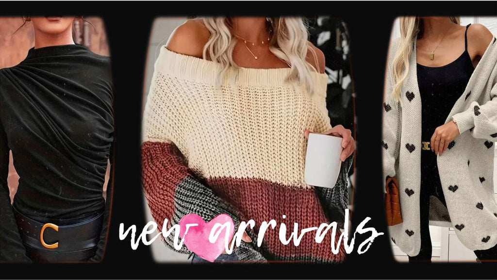 New arrivals at Oak&Pearl Clothing Co. featuring trendy boho styles, including a black draped top, a color-block knit sweater, and a heart-print cardigan. Cozy, chic, and perfect for effortless fashion.