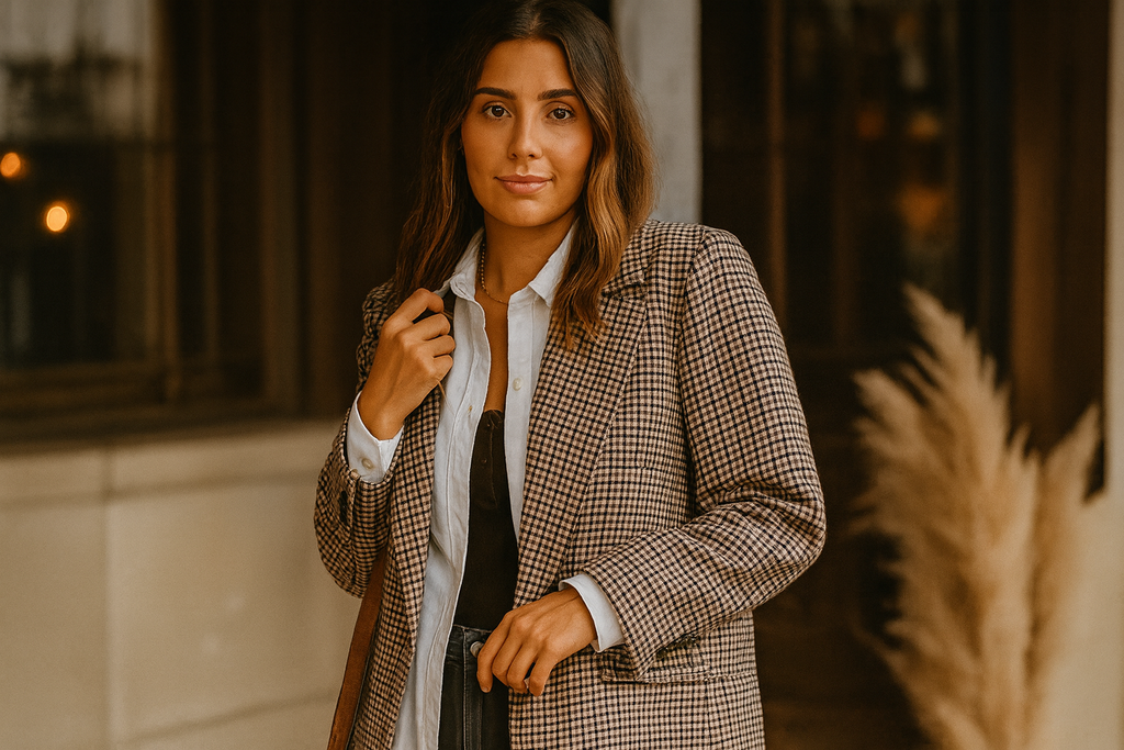 woman wearing the houndstooth blazer from oak and pearl clothing co with a white dress shirt underneath