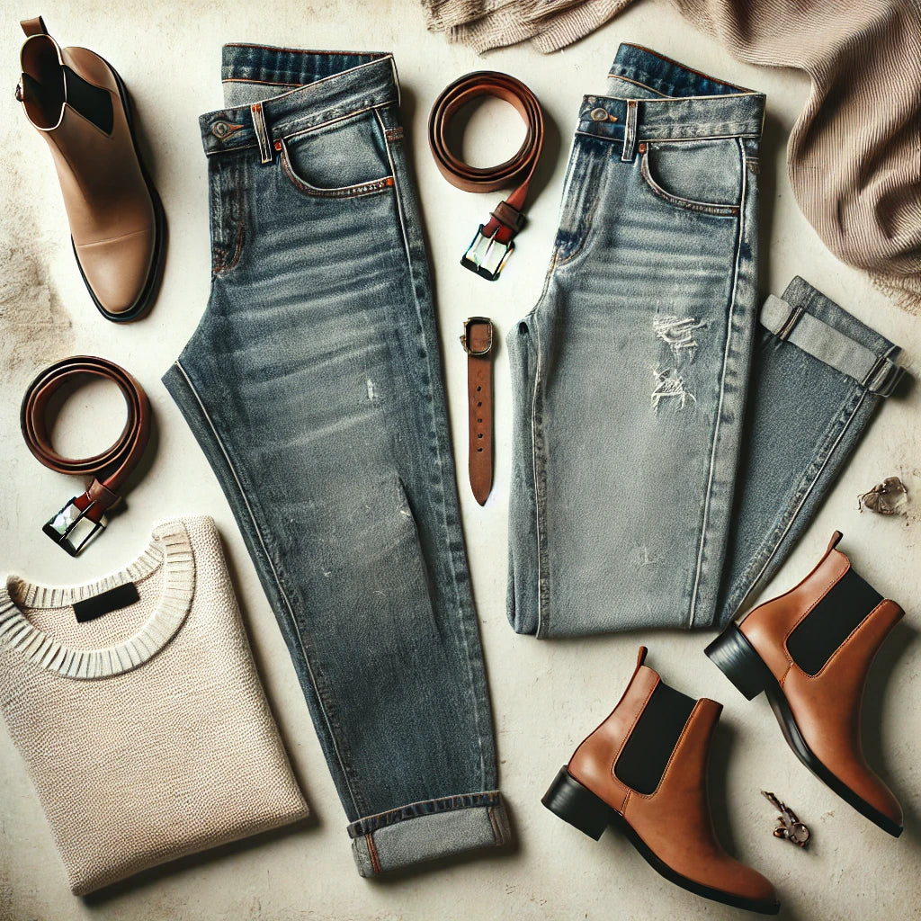 Comparison of Judy Blue and KanCan jeans in a flat lay showcasing casual distressed and tailored high-waisted styles with trendy accessories.