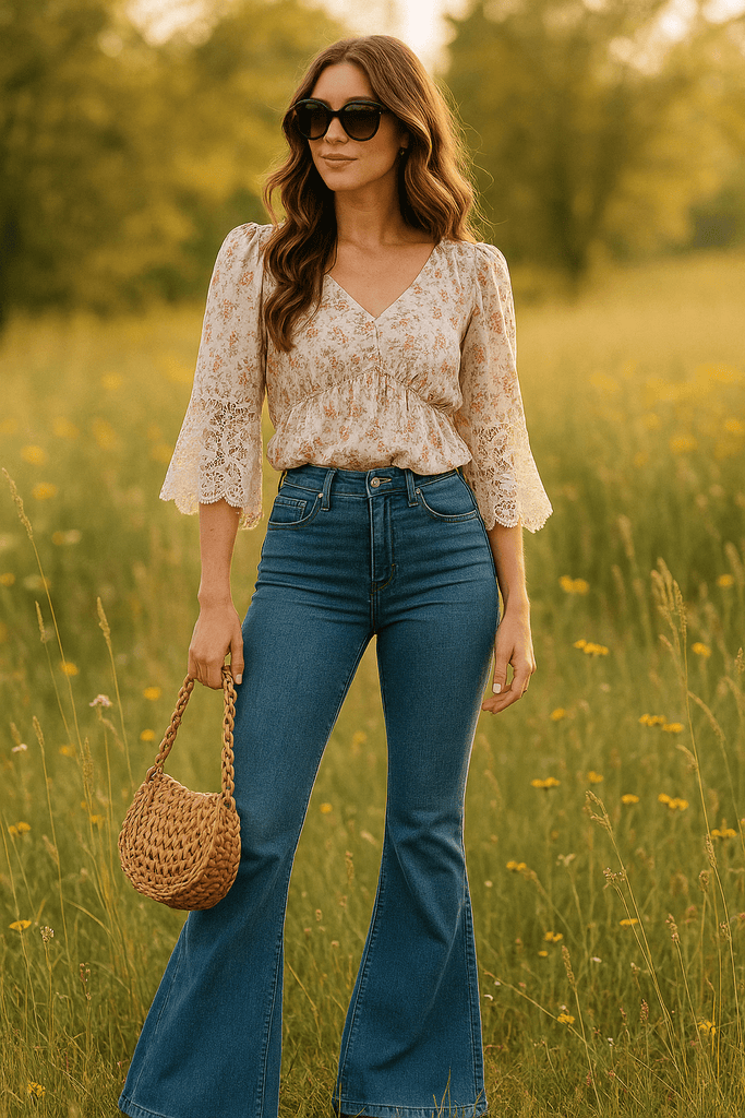 Woman wearing high-waisted bell bottom Kancan jeans and a floral boho blouse, standing in a wildflower field with a straw handbag. 