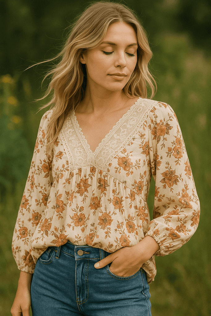 Boho top with lace and floral details styled with denim for a trendy summer outfit in Canada