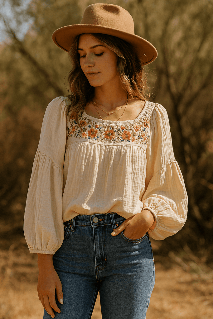 Woman wearing a flowy boho top with puff sleeves and floral embroidery, styled with high-rise jeans and layered necklaces, in a sunlit boho-inspired setting.