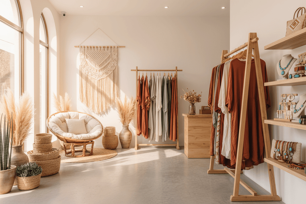 bohemian boutique oak and pearl clothing co showroom floor