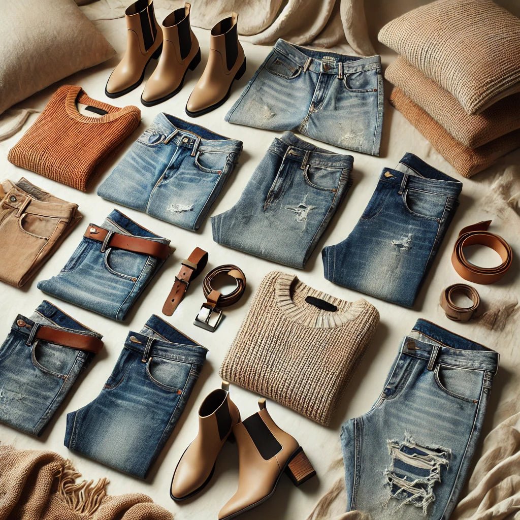 Flat lay of women's jeans in various styles and washes, including skinny, bootcut, and wide-leg, styled with accessories like ankle boots, a leather belt, and a cozy sweater on a neutral-toned surface.