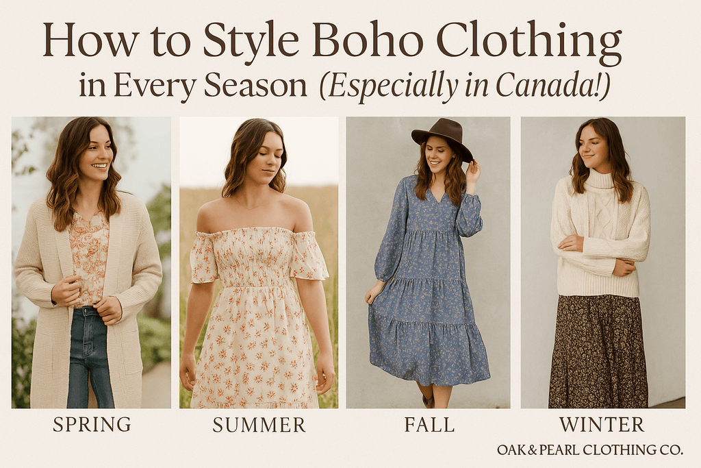 Oak and Pearl Clothing Co. seasonal style guide showing boho outfits for spring, summer, fall, and winter with four women in earthy-toned outfits.