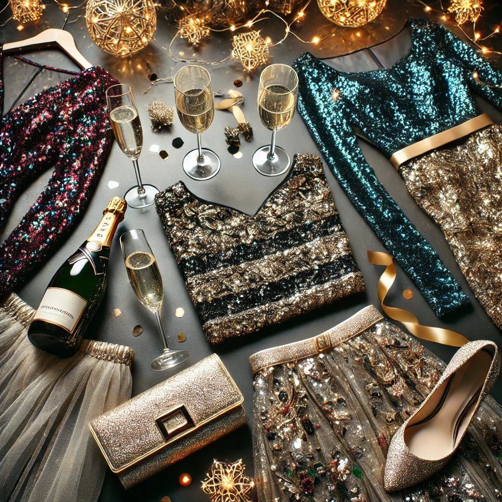 Festive flat lay featuring sequin dresses, velvet fabrics, shimmering gold and silver accessories, a champagne glass, string lights, and confetti on a sleek black and metallic background.