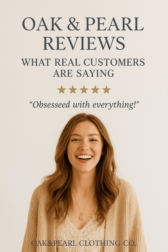 Smiling woman in boho cardigan with five-star review quote and headline “Oak & Pearl Reviews – What Real Customers Are Saying.