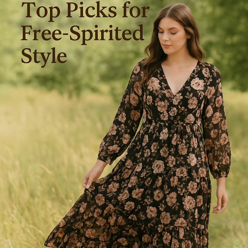 Woman in floral boho maxi dress walking through a sunlit meadow, promoting Oak & Pearl Clothing Co.'s blog on the best boho dresses in Canada.