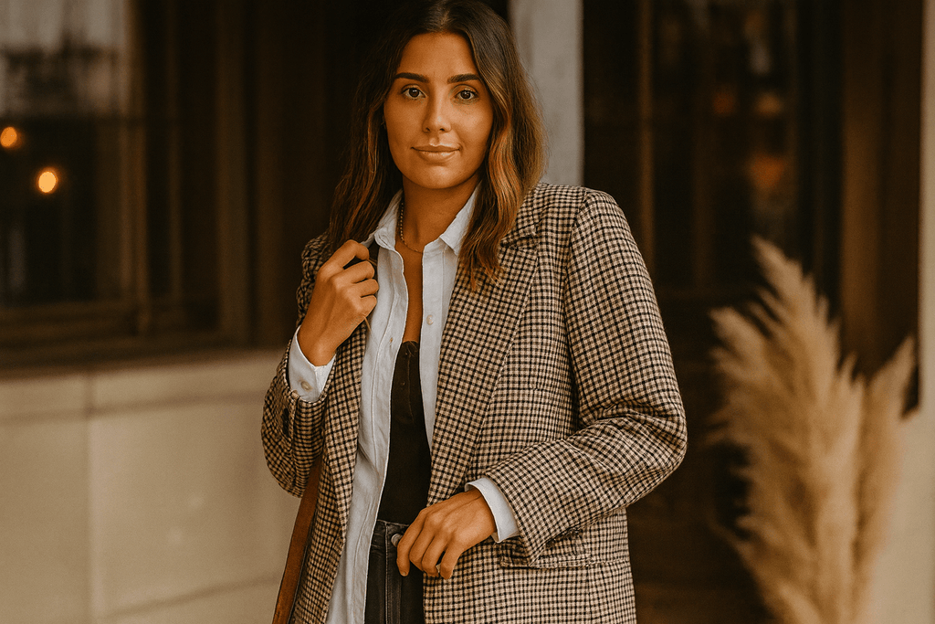 woman wearing the houndstooth blazer from oak and pearl clothing co with a white dress shirt underneath