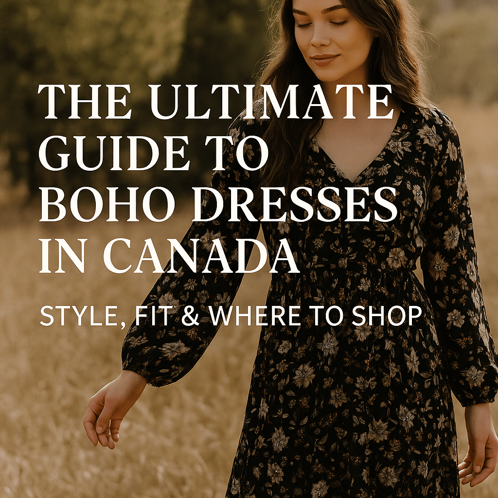 Woman wearing a long-sleeve floral boho dress in a golden field with overlaid text that reads "The Ultimate Guide to Boho Dresses in Canada – Style, Fit & Where to Shop