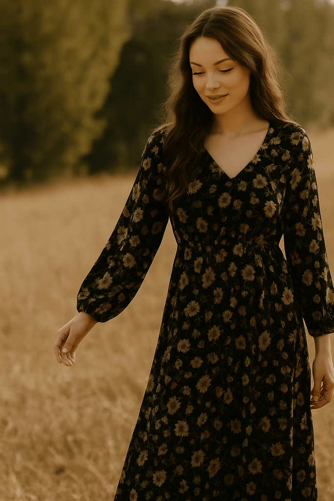 Woman wearing a black floral boho maxi dress in a golden field promoting boho ladies fashion and boho style clothing for women.