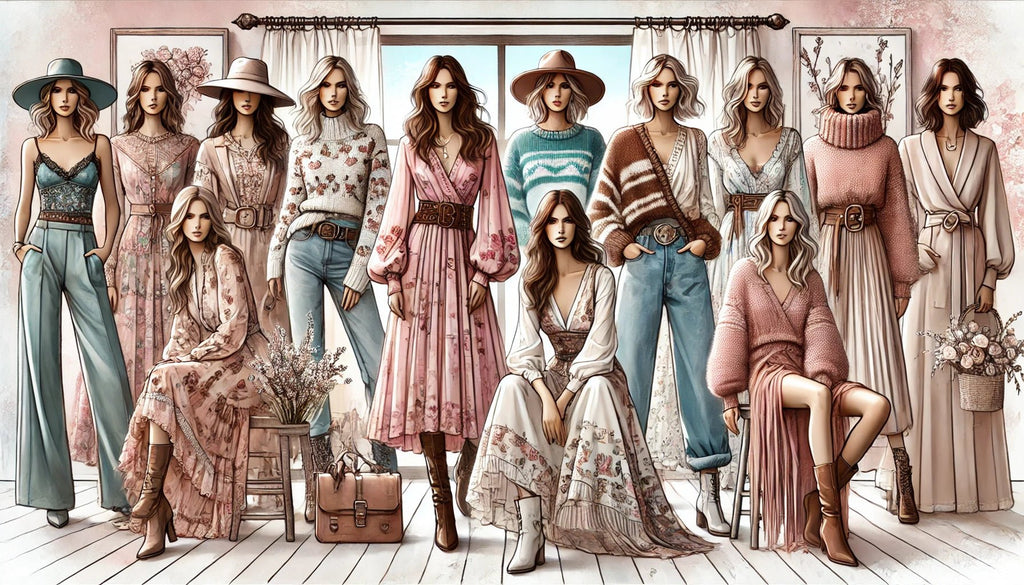 Boho fashion illustration featuring diverse models in romantic and trendy outfits, including floral dresses, oversized sweaters, and leather accents, in a cozy outdoor setting.
