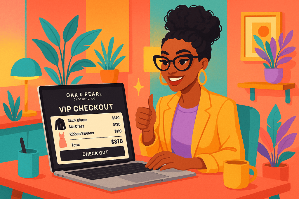 Laptop screen showing Oak&Pearl Clothing Co.’s VIP Checkout banner with Re:Do returns information, alongside a hand typing on the keyboard to represent online shopping.