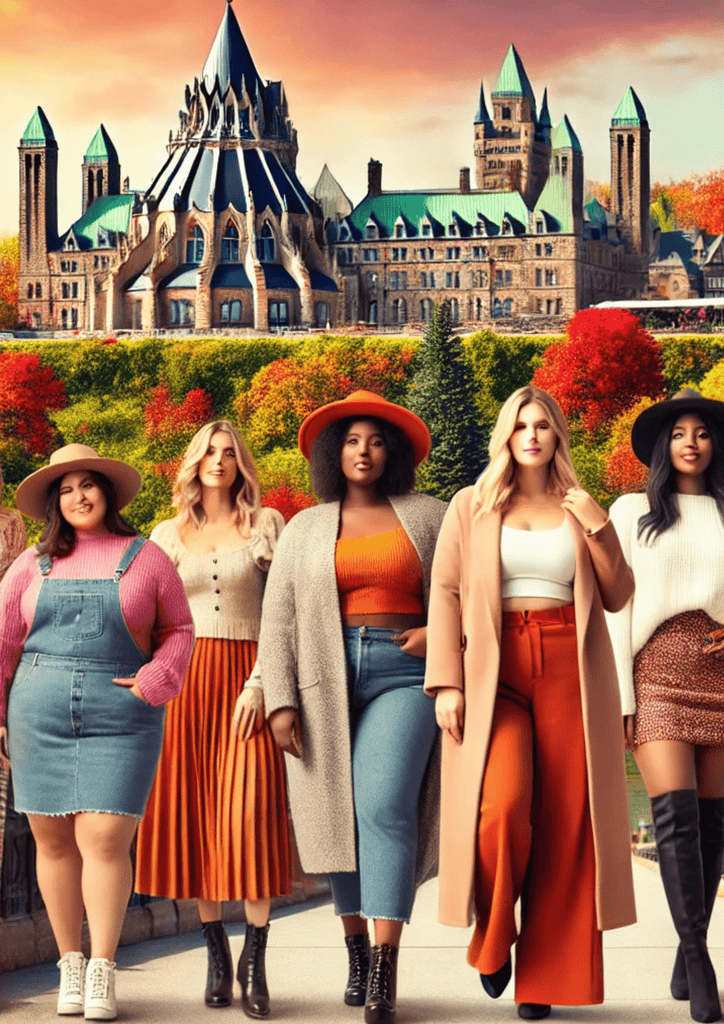  diverse group of stylish women outdoors, modeling trendy plus size outfits