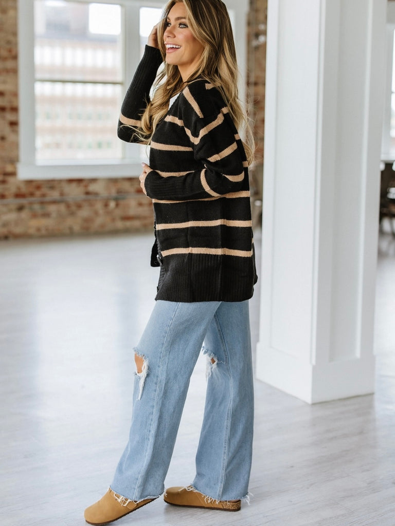  Black with soft neutral-toned Striped Cardigan, with classic V-neckline and a button front ,Relaxed drop shoulder.