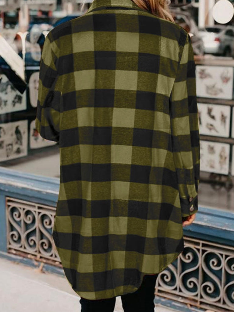 Green, British longline plaid shirt coat with snap-button closure for easy wear, and a turn-down collar for a chic, polished look.