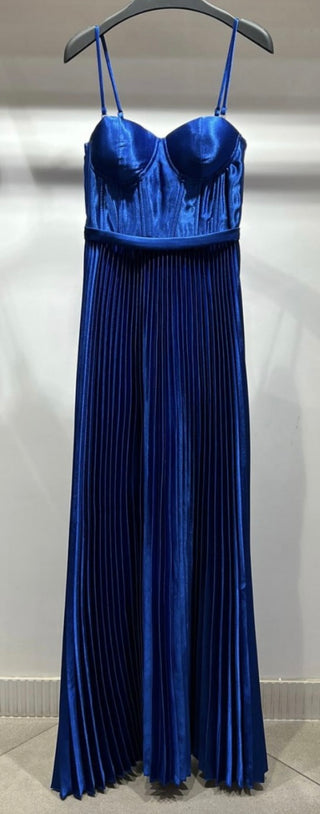 Royal Blue  Coloured Satin Dress with Pleated Skirt and Versatile tie back with removable straps.