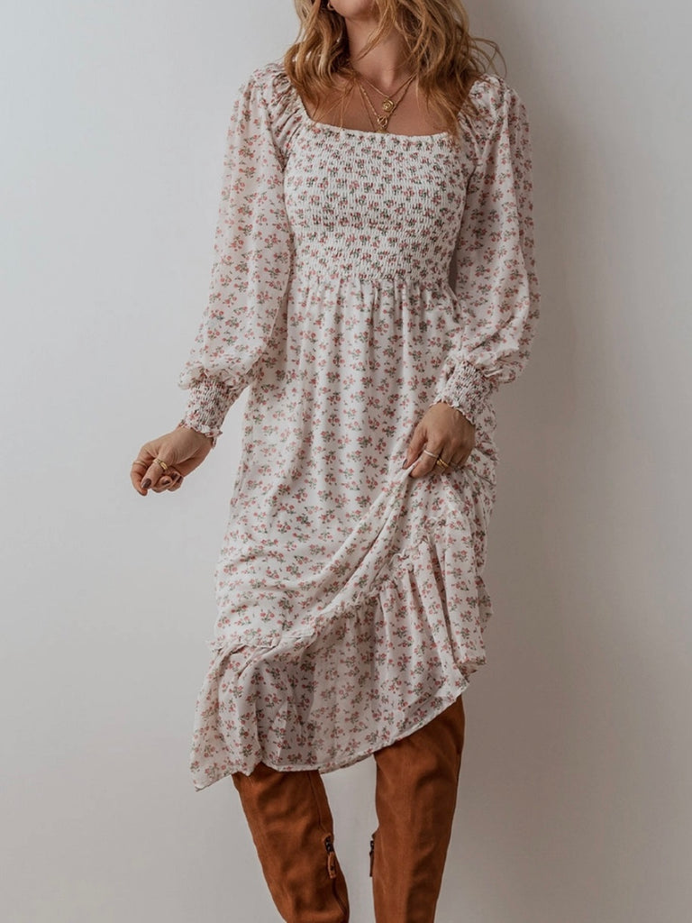 Long Sleeve Smocked  Top Floral Dress, with Square Neckline and Ruffled Hem.