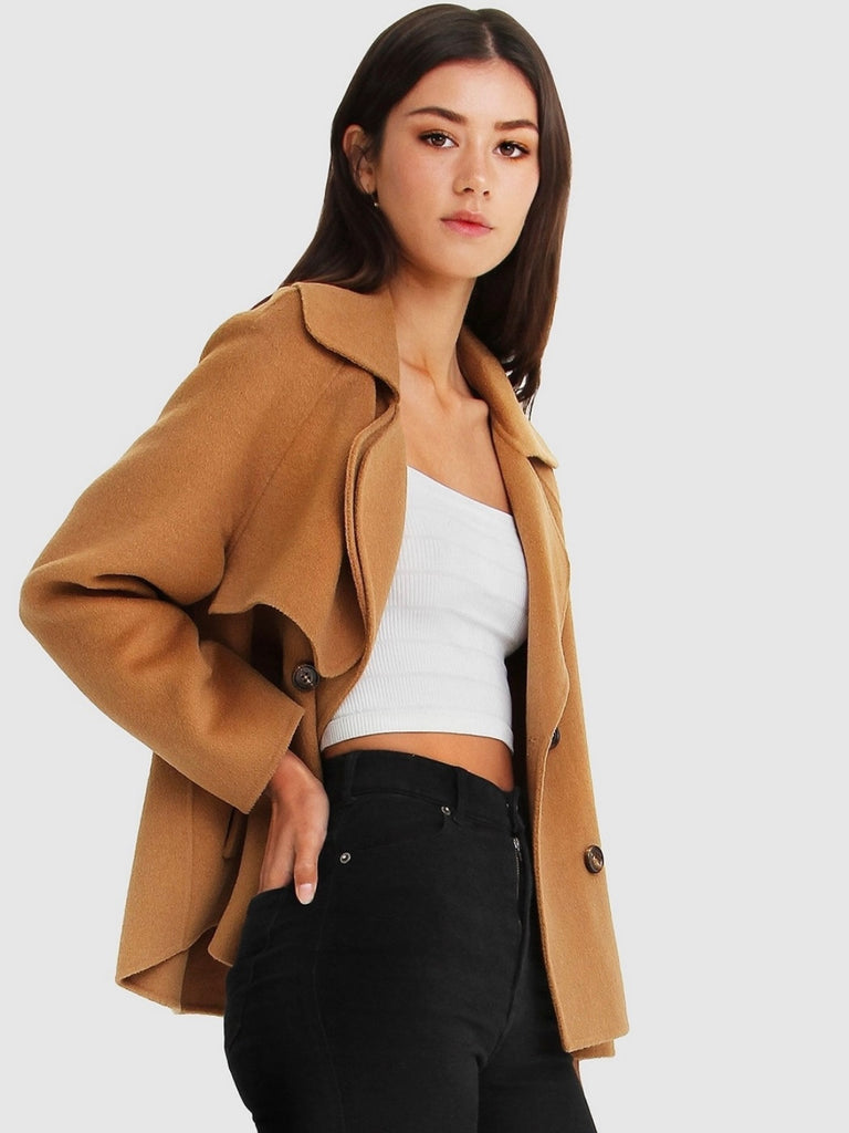 Khaki Wool Blend Peacoat, featuring Oversized, cropped fit with large notch lapels, Double-breasted with flap side pockets and , eye-catching novelty buttons. 