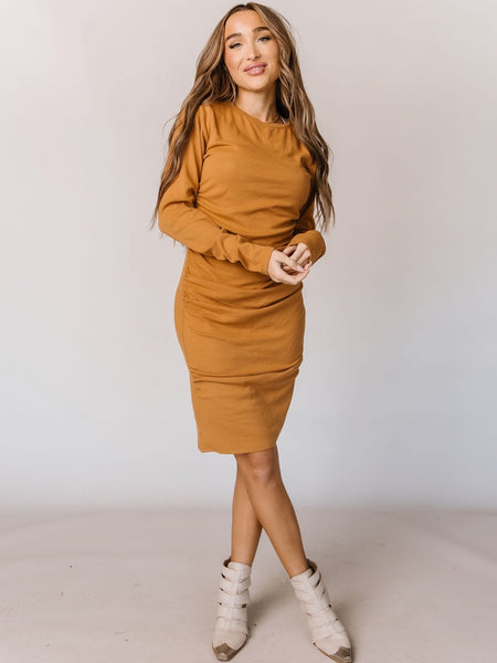 Better Than Basics Comfy Long Sleeve Dress, it is  double layered and has side ruching.