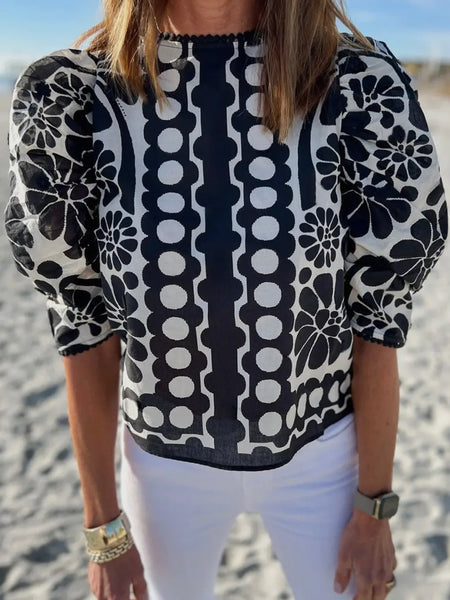 Black & White  Abstract  Print Puff Sleeve Top with Button Up back.