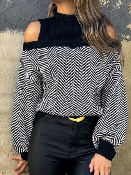  Edgy,  Bold Cold Shoulder Cutouts Ribbed Knit Sweater  ,with Chic Contrast, the black shoulders and black with white colour blocking bottom creates a striking, high-contrast design that’s both modern and versatile. 