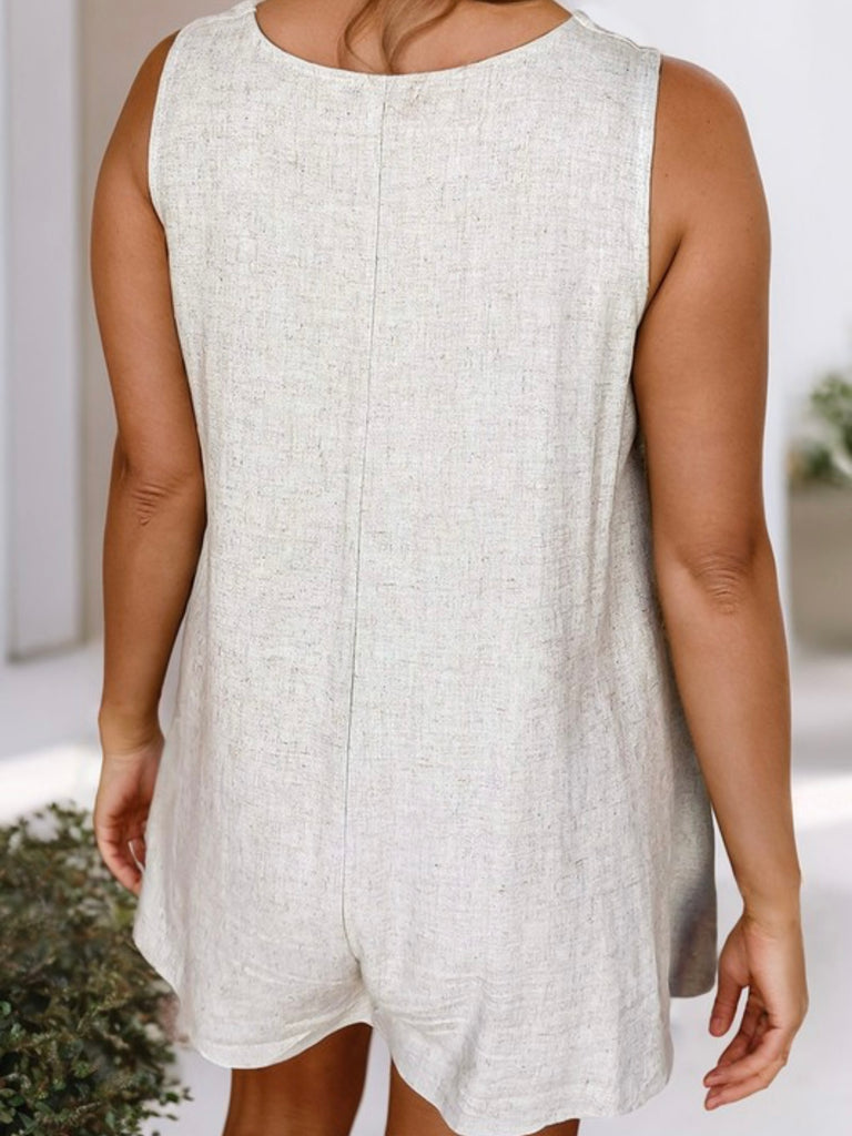 Just Beigey Linen Romper, Featuring V-neckline and sleeveless design with button-front detail and practical pockets.