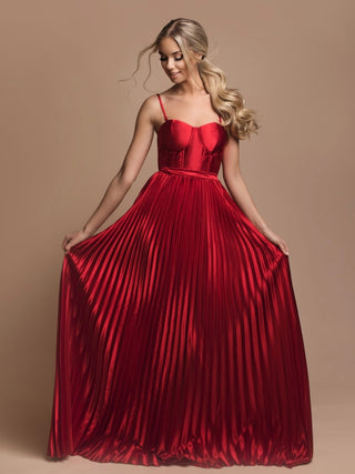 Red Coloured Satin Dress with Pleated Skirt and Versatile tie back with removable straps.