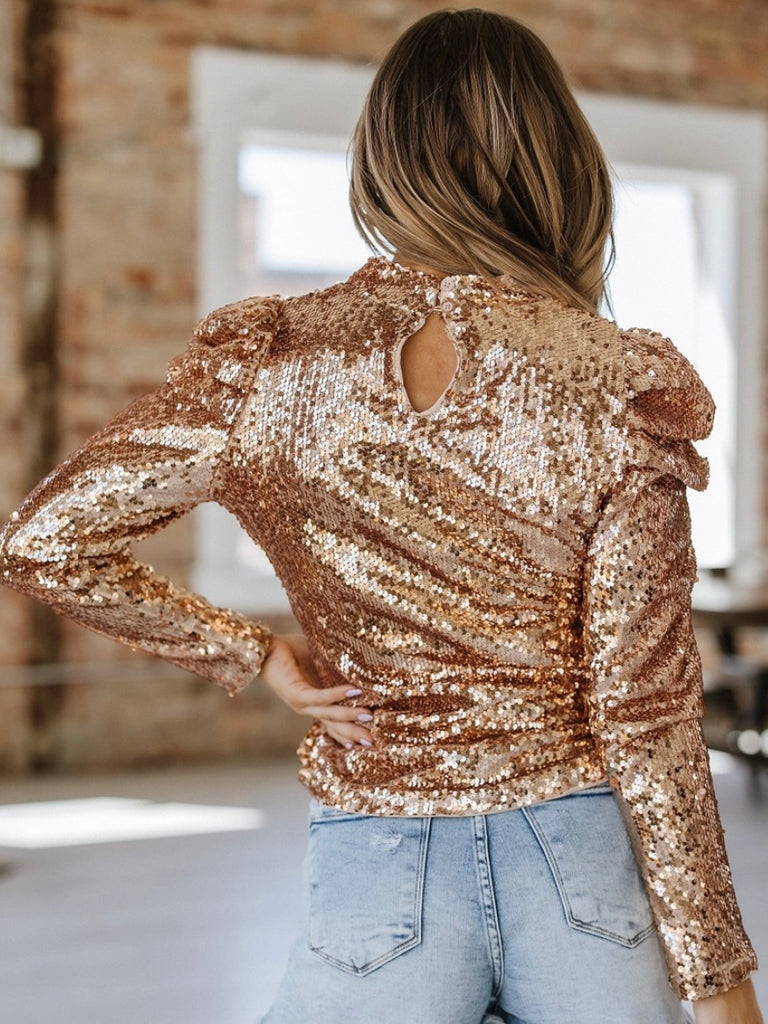 Gold sequin long Sleeve mock neck top , with ruched bubble sleeves, Comfortable and flattering for all body types.