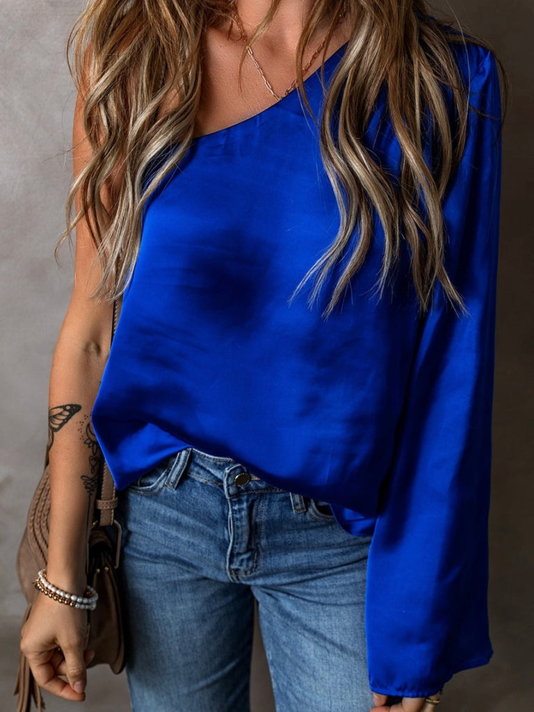 Royal Blue, One Sleeve Top, Crafted from luxurious satin with a flared bell sleeve that adds a touch of retro glam.