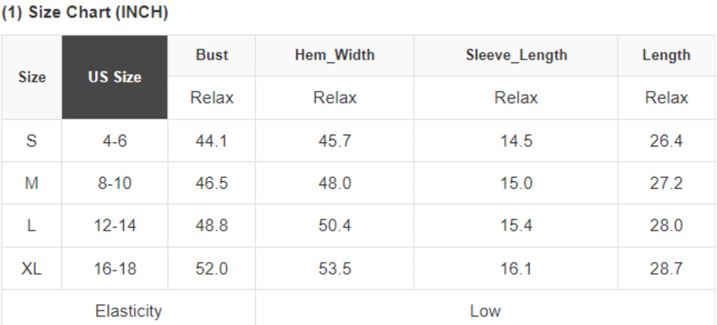 Size chart for the Headed West Bat Sleeve Top 