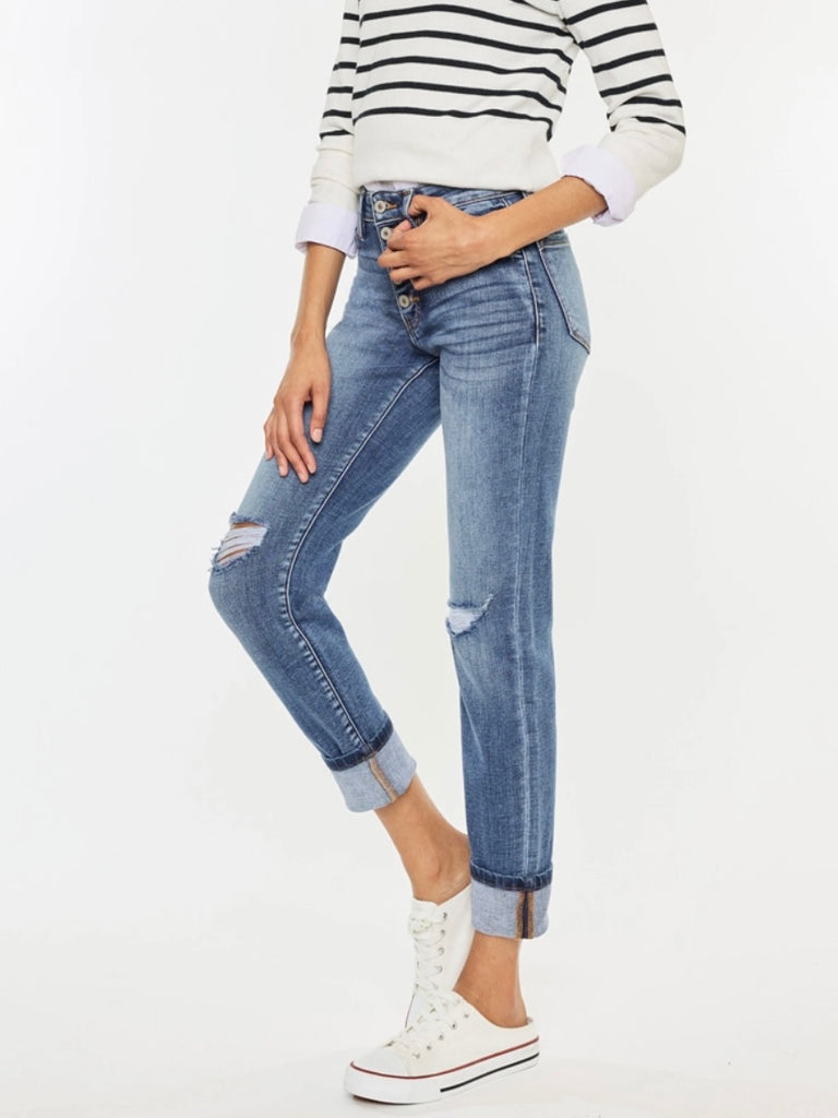 High Rise Button Fly Straight Leg Jeans , cuffed hem, and slight destruction